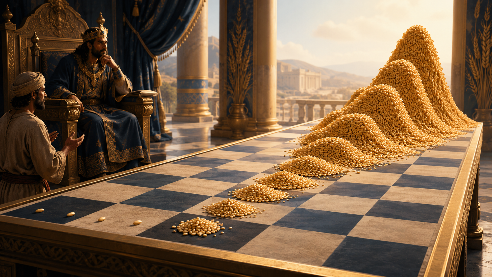 King and peasant with growing wheat piles on a chessboard