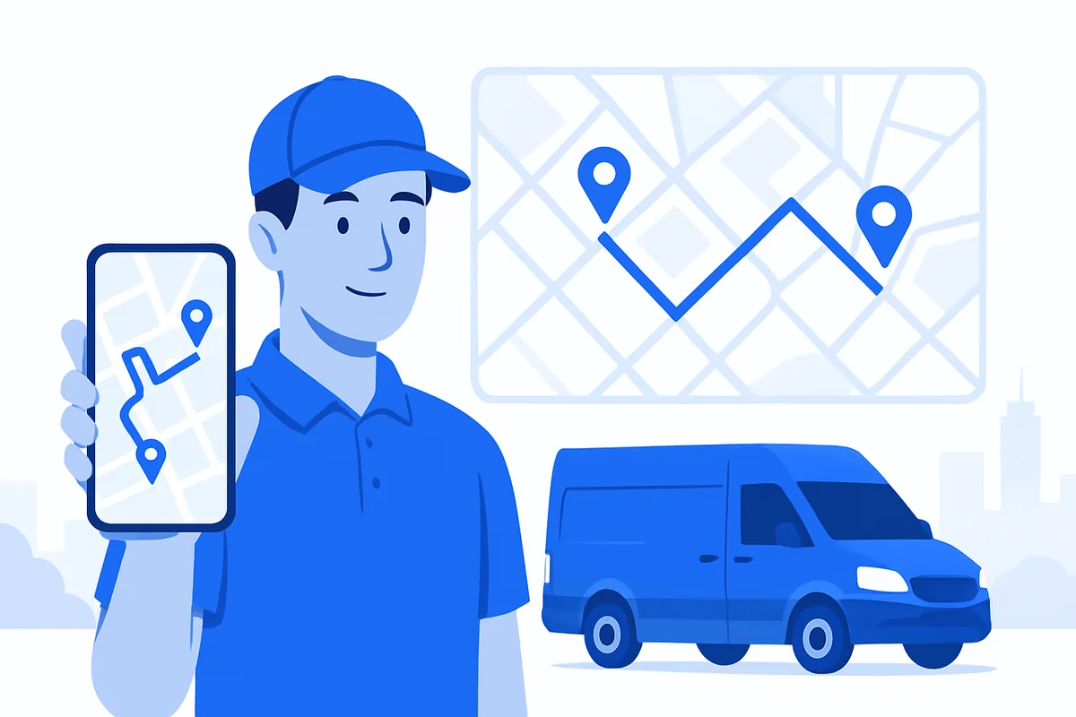 A courier checking an optimized delivery route on a phone with stops mapped across a city