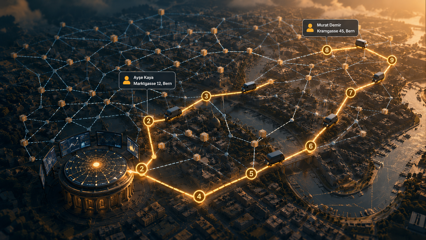 Aerial view of city delivery routes with multiple couriers and stops