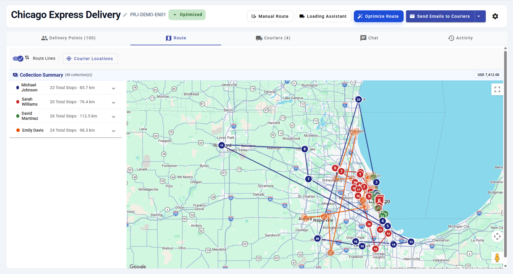 EfiRoute route map with multiple couriers